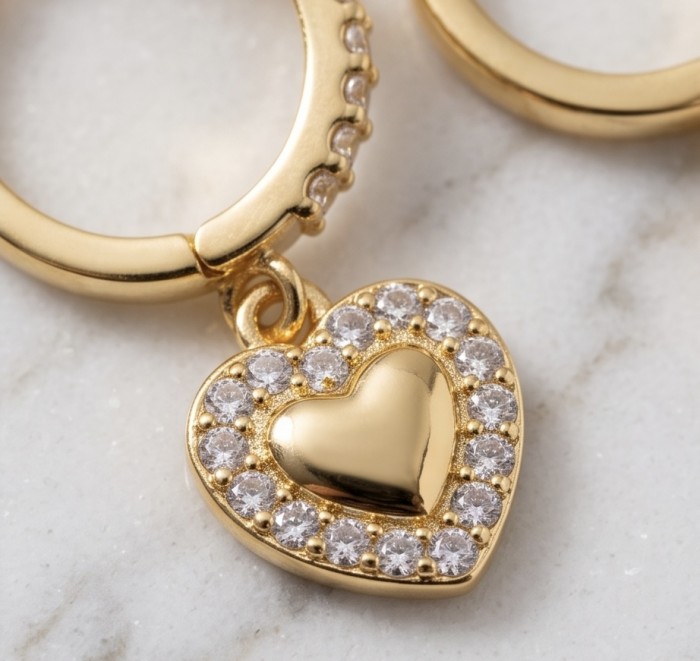 Precious Hearts - authentic 0.5 carat White Topaz .925 Sterling Silver dipped in 14K Gold handcrafted Statement Earrings - Close-up of Precious Hearts earring with topaz detailing