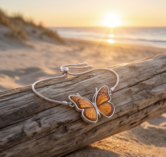 Golden Butterfly Genuine carved Baltic Amber rhodium over .925 Sterling Silver handamde Bracelet - Butterfly amber bracelet on driftwood, beach sunset backdrop