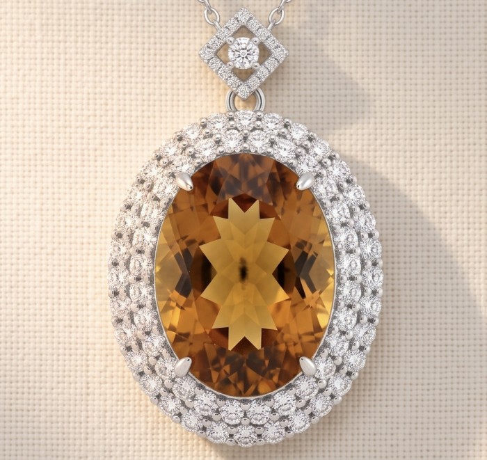 Luxury genuine 45.5 CARAT oval cut Champagne Topaz .925 Sterling Silver dipped in rhodium handmade Pendant - Close-up of luxury 45.5 carat oval cut champagne topaz pendant.