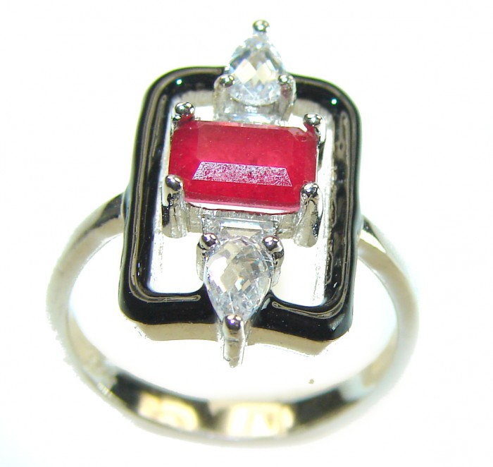 Art Deco 2.3 carat Ruby black enamel .925 Sterling Silver handmade Ring size 6 1/4 - photo 2