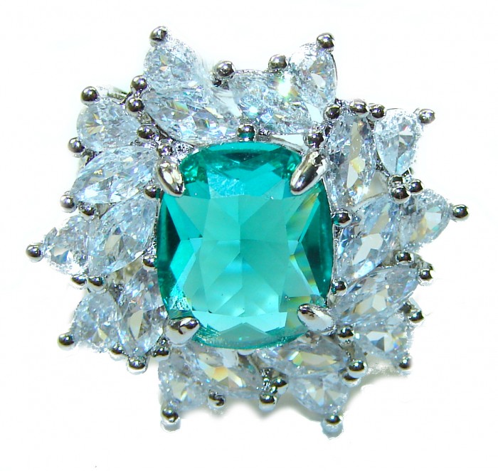 Luxurious 6.5 ctw Colombian Emerald .925 Sterling Silver handcrafted Statement Ring size 6 1/4 - Close-up of luxurious Colombian emerald and silver ring.