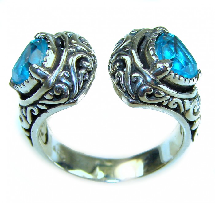 Purity 8.8 carat authentic Swiss Blue Topaz .925 Sterling Silver handmade Ring size 6 - Open ring with Swiss Blue Topaz, ornate silver detail, close-up view.