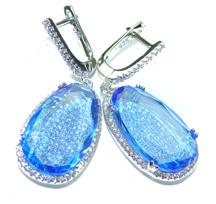 Aqua - Splendid 10.5 carat Swiss Blue Topaz .925 Sterling Silver Handcrafted Earrings - Close-up of aqua blue topaz earrings in .925 sterling silver.
