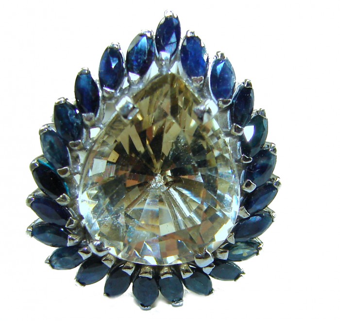 Golden Royalty 22.5 carat Citrine Sapphire .925 Sterling Silver Handcrafted Huge Ring size 8 - Close-up of Golden Royalty 22.5 carat Citrine Sapphire ring.