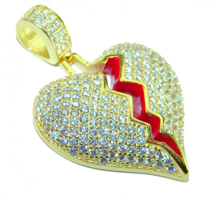 Broken Heart Luxurious 12.4 carat White Topaz .925 Sterling Silver dipped in 14K Gold over handcrafted pendant - Side view of broken heart pendant with white topaz stones.