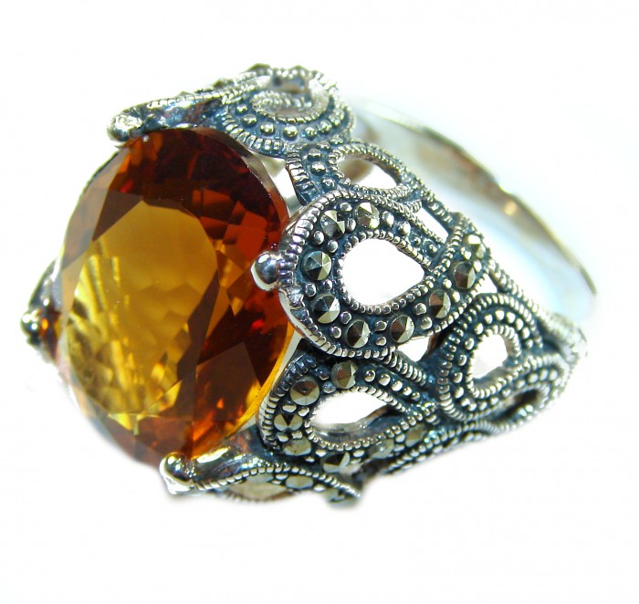 Celestial Energy Natural 22.4 carat GOLDEN Topaz Marcasite .925 Sterling Silver handmade Large Statement Ring size 8 - Close-up of Celestial Energy natural 22.4 carat golden topaz marcasite ring