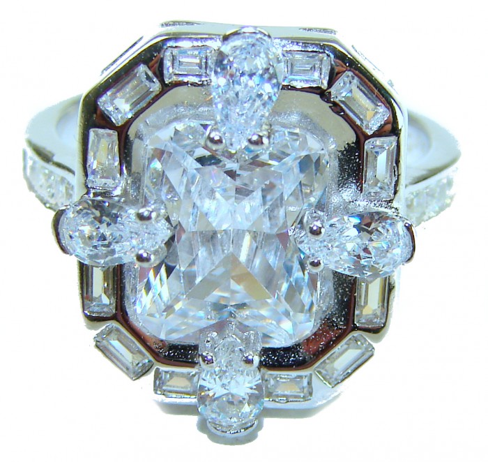 Art Deco 8.6 ctw White Topaz .925 Sterling Silver handcrafted Statement Ring size 8 - Close-up of Art Deco white topaz ring in sterling silver, front view.