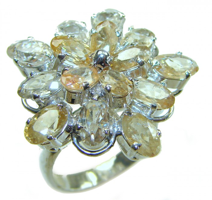 Liliana 33.5 carat Champagne Smoky Topaz .925 Sterling Silver Oversized Ring size 8 1/2 - Flower-shaped topaz ring, close-up, showcasing stones and setting.