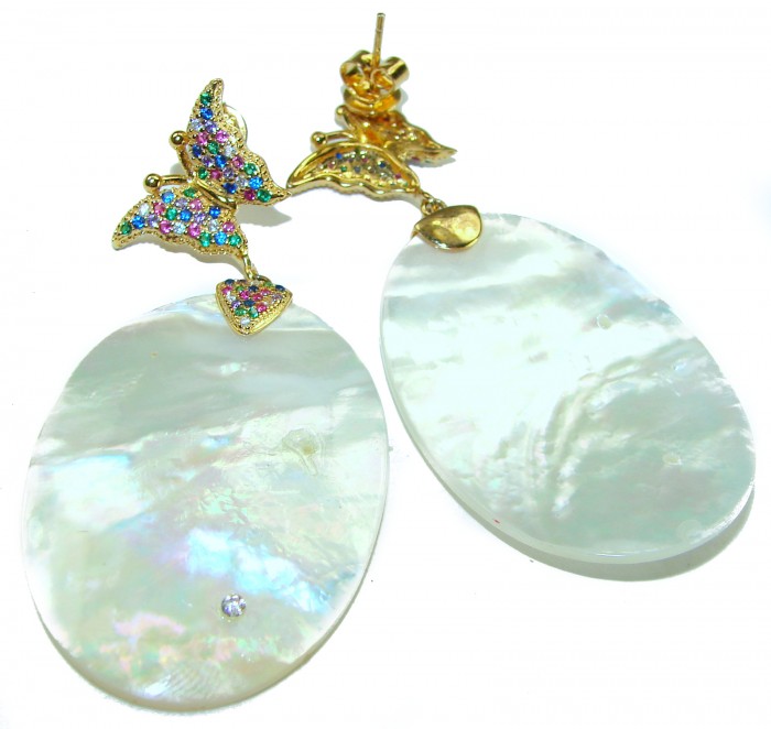 Large Genuine Blister Pearl 18K Gold over .925 Sterling Silver handcrafted Statement Earrings - Butterfly earrings with large blister pearls and colorful stones, top view.