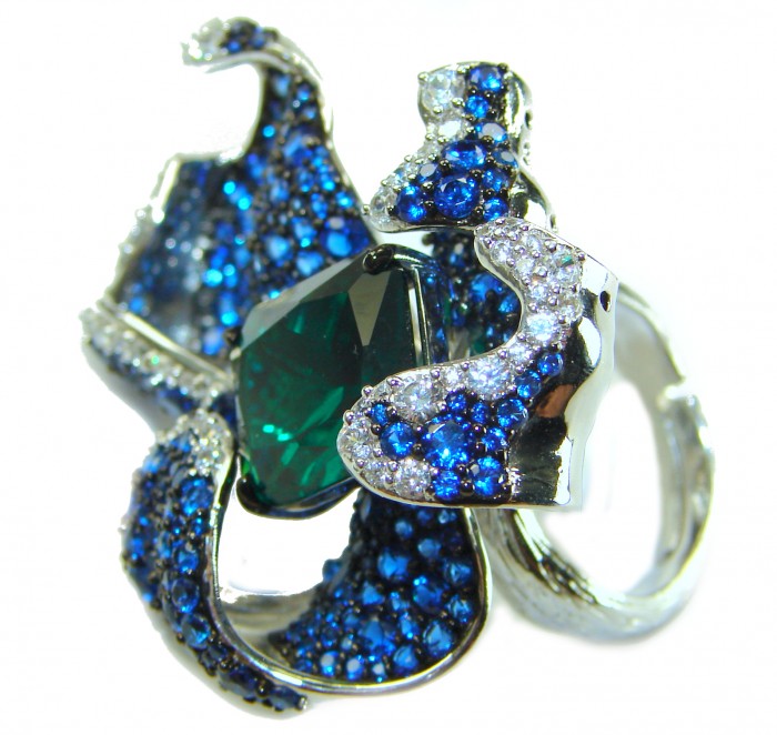 Wild Flower 55.2 carat authentic Colombian Emerald Sapphire.925 Sterling Silver handcrafted Statement Ring size 6 1/4 - Close-up of Wild Flower ring with emerald and sapphire detailing