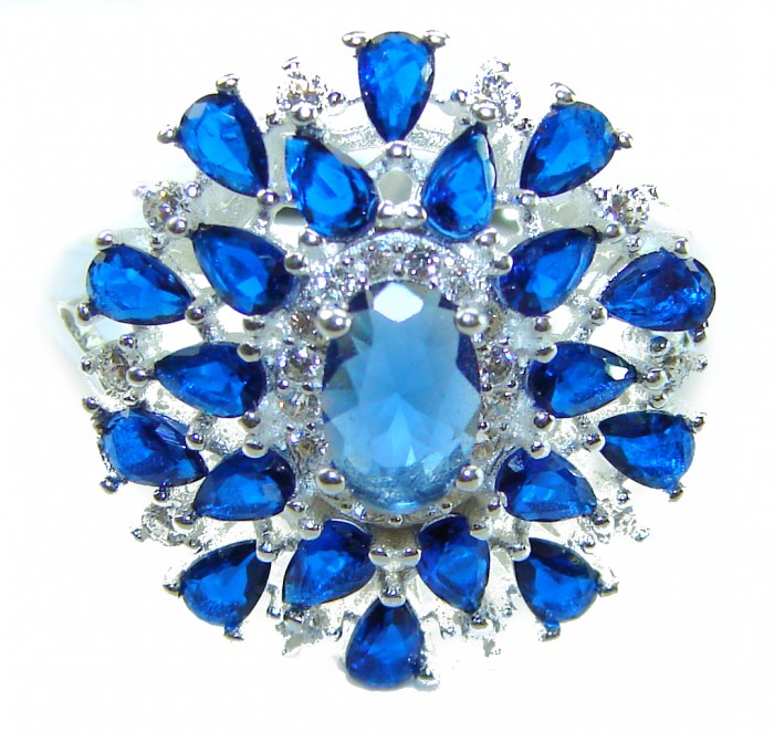 Genuine 10.2 CARAT Sapphire .925 Sterling Silver Large Statement Ring size 7 3/4 - Close-up of large sapphire and silver ring with multiple blue stones.