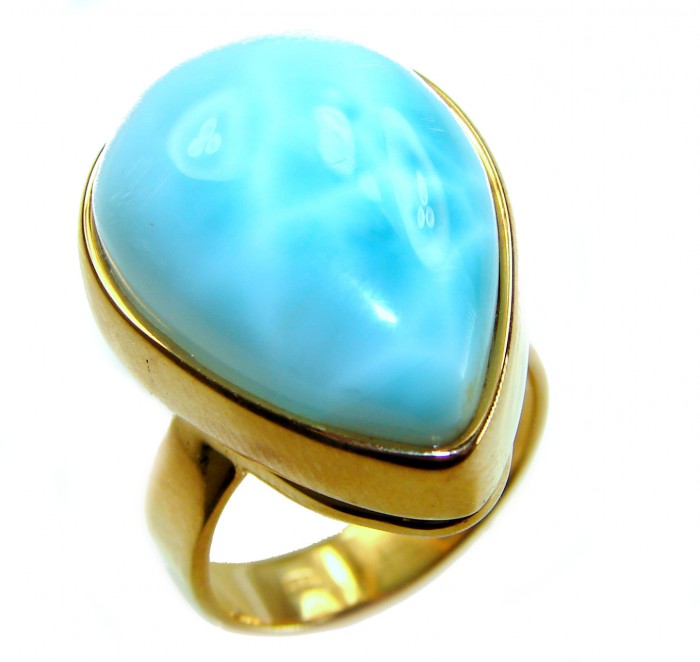Large 22.9 carat Blue Perfection Blue Larimar .925 Sterling Silver handmade Large ring size 8 adjustable - Close-up of large blue larimar ring set in sterling silver.