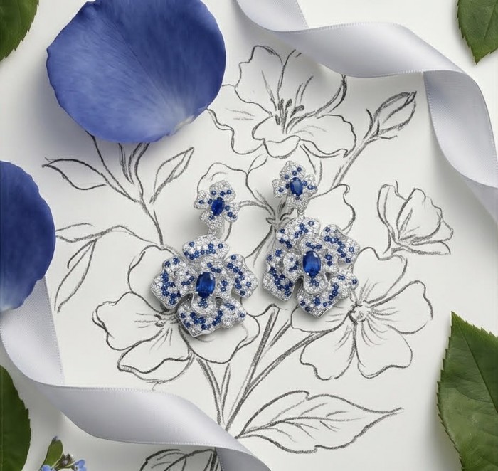 Oceania - 9.5 carat Sapphire .925 Sterling Silver dipped in Rhodium handmade Statement earrings - Overhead view of sapphire and sterling silver floral earrings on sketch