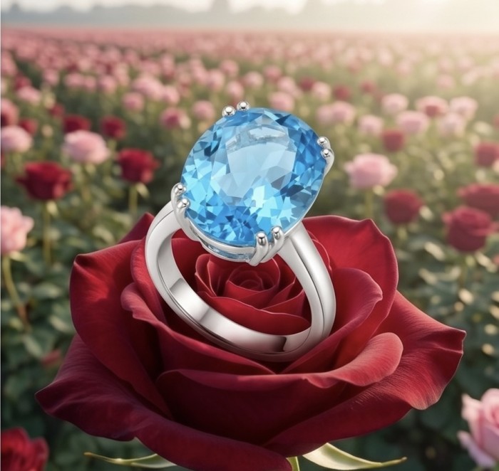 ENCHANTED OCEAN 16.3 carat Swiss Blue Topaz .925 Sterling Silver dipped in rhodium handcrafted ring size 6 3/4 - Blue topaz ring on red rose, Swiss Blue Topaz, stone close-up.