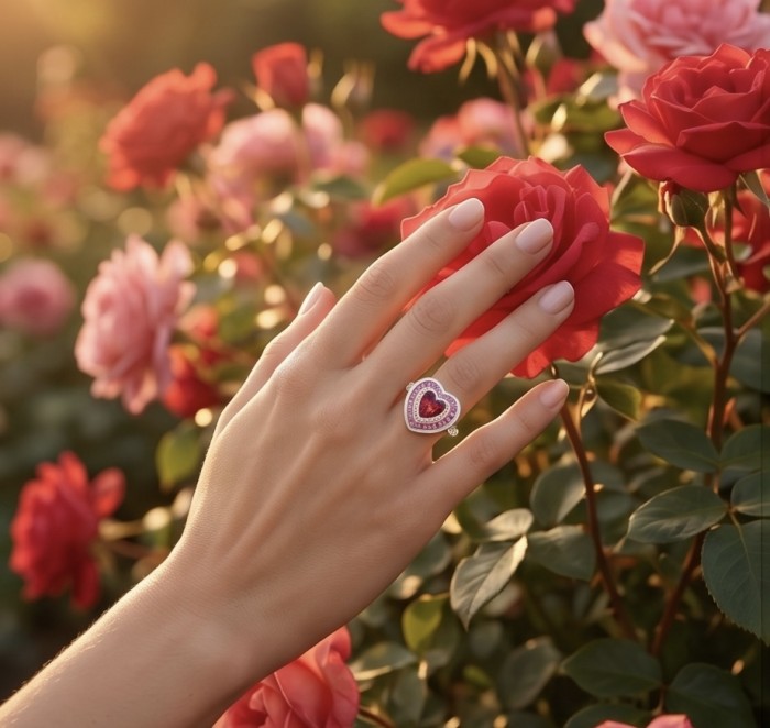 Art deco - My Sweet Heart Natural 4.8 carat Mozambique Ruby .925 Sterling Silver Handcrafted Cocktail Ring s. 7 1/2 - Ring with heart-shaped ruby, worn on hand among red roses.
