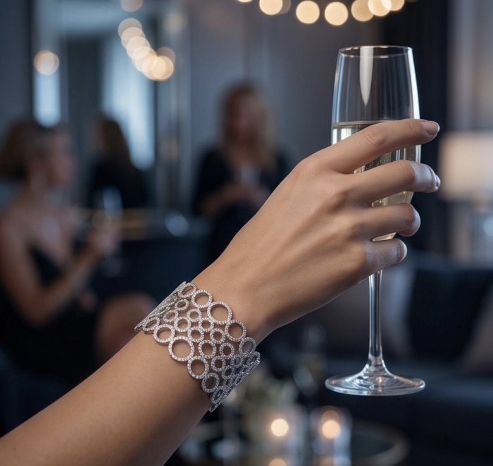 Dolce Vita - Precious Natural 12.5 carat pave White Topaz rhodium over .925 Sterling Silver handcrafted bracelet - Worn on hand, showcasing Dolce Vita bracelet with white topaz stones.