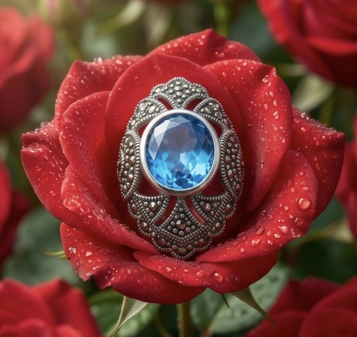 Angelina 8.9 carat authentic Swiss Blue Topaz .925 Sterling Silver Handcrafted Ring size 8 - Swiss Blue Topaz ring on dewy red rose, stone close-up.