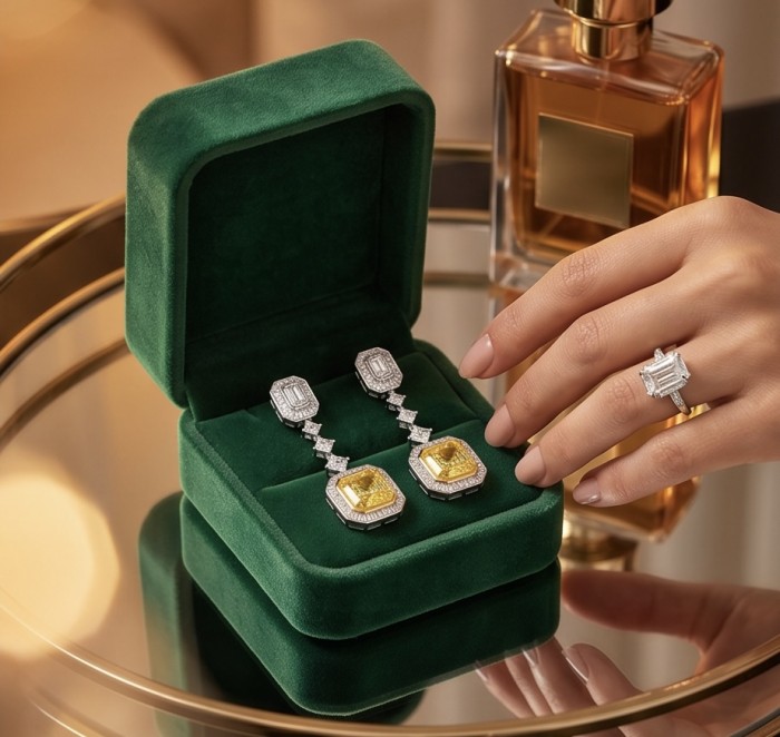 Art Deco - Luxurious assher cut 20.5 carat Yellow Sapphire 18K Gold over .925 Sterling Silver handcrafted earrings - Green velvet box with Art Deco earrings, hand with ring nearby.