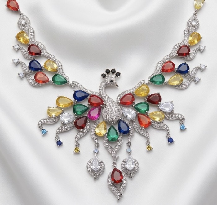 55.2 carat Graceful Swan Natural multicolot Topaz .925 Sterling Silver handcrafted Statement necklace - Multicolor topaz swan necklace, front view, on white background.
