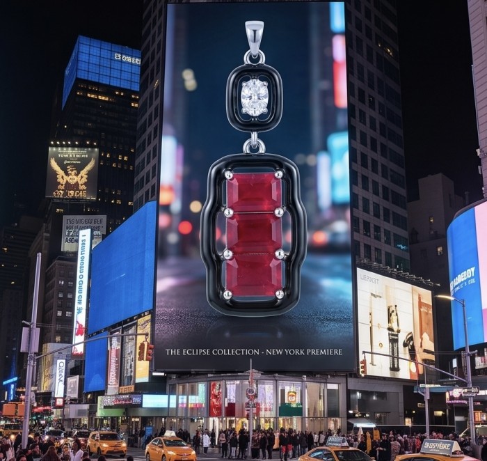 Art Deco - Bella Rosa Genuine 5.8 carat Ruby .925 Sterling Silver dipped in rhodium Statement brilliantly handcrafted Pendant - Close-up of Art Deco Bella Rosa Ruby pendant in Times Square billboard.