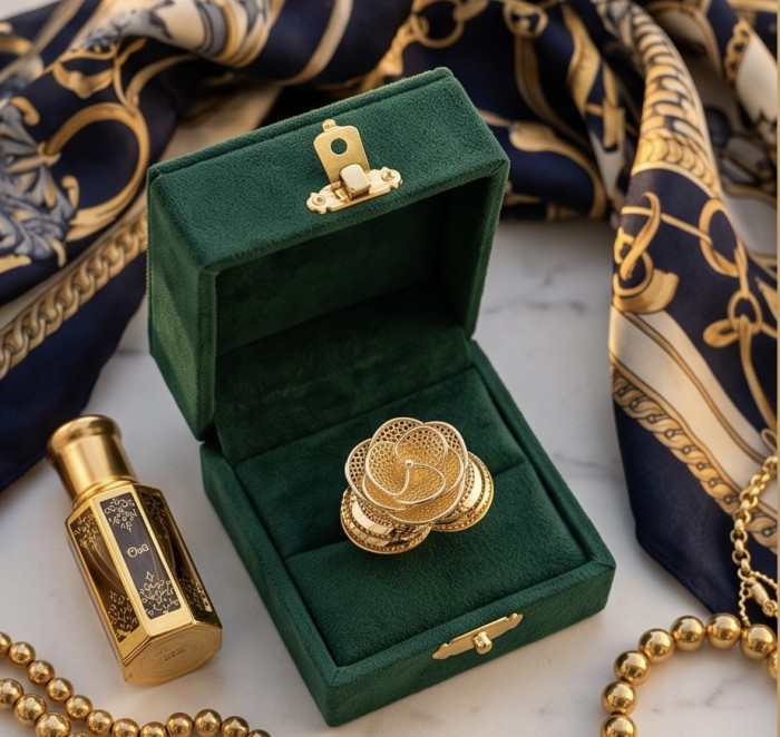 GOLDEN ROSE- Dubai Style - .925 Sterling Silver dipped in 22K Gold handmade Large ring size 6 - Golden rose ring in green box, surrounded by ornate scarf and beads.