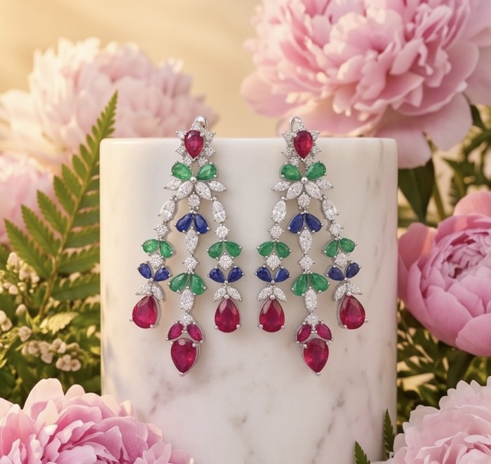 RARE BEAUTY! Valentina 18.2 carat Ruby Emerald Sapphire .925 Sterling Silver dipped in rhodium Statement handcrafted earrings - Front view of Valentina earrings with rubies, emeralds, and sapphires.