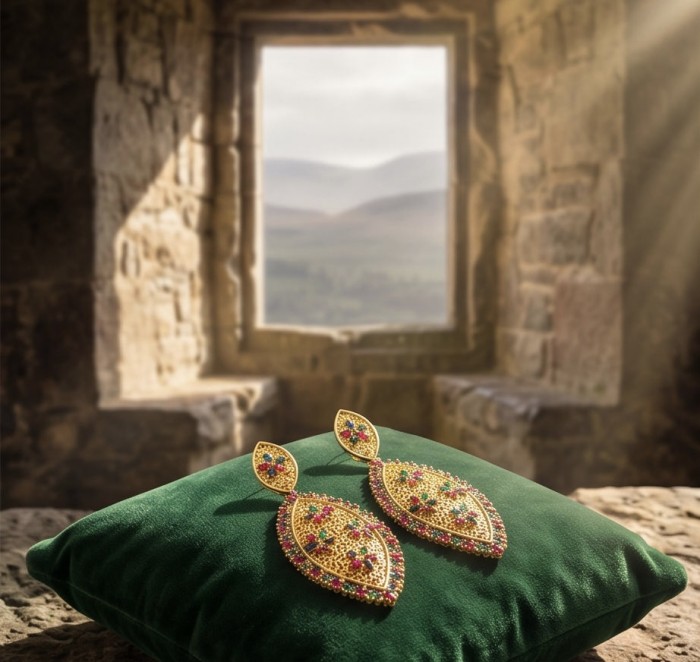 Byzantine Style Ruby Emerald Sapphire 14K Gold over .925 Sterling Silver handcrafted STATEMENT earrings - Byzantine style earrings on a green cushion in a sunlit stone window.
