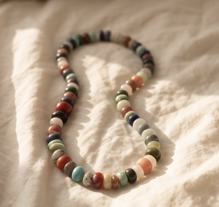 Power of Nature 225.5 carat Multistone .925 Sterling Silver handcrafted Large necklace - Necklace side view on fabric, multicolored stones, soft lighting.