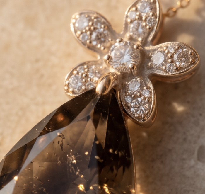 Scarlett Authentic 15.5 carat Smoky Topaz rhodium over .925 Sterling Silver handmade Statement Pendant - Close-up of Scarlett 15.5 carat Smoky Topaz pendant with diamond accents.