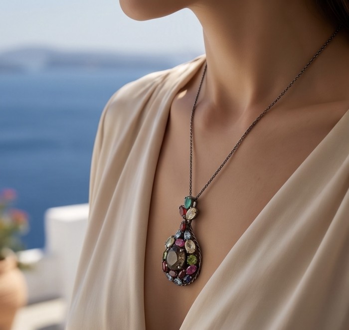 Conqueror Authentic 9.5 carat carved 10.8 CARAT Smoky Topaz black rhodium over .925 Sterling Silver handmade Statement Pendant - Necklace close-up worn, featuring colorful gemstones and smoky topaz.