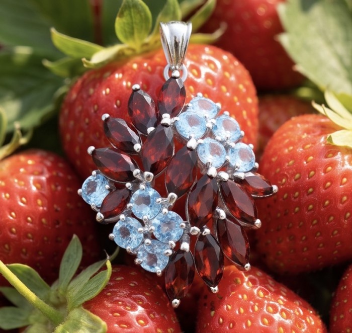 Giuseppina - Authentic 28.1 carat Granet Aquamarine .925 Sterling Silver handcrafted Statement Pendant - Garnet and aquamarine pendant on strawberries, close-up view.