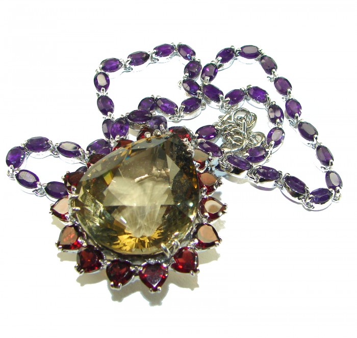 Outstanding carved Smoky Topaz .925 Sterling Silver handcrafted Statement necklace - photo 3