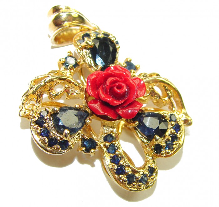 Red Rose Authentic Coral Sapphire 14K Gold over .925 Sterling Silver handmade pendant - photo 2