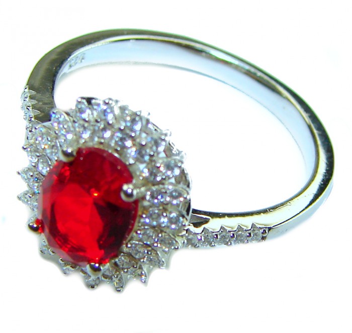 Beauty of Nature 2.8 carat Ruby .925 Sterling Silver handcrafted Cocktail Ring s. 7 1/4 - Ruby and diamond ring on white background, top view.