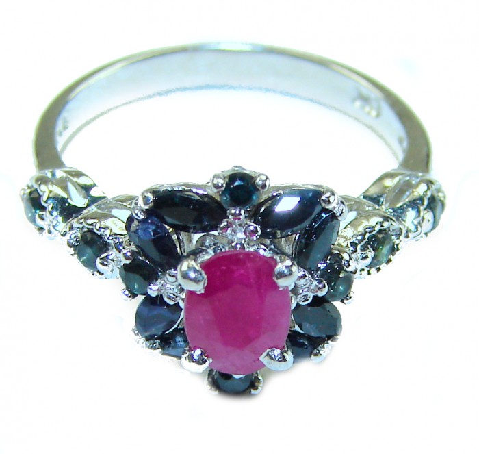 Extravaganza Authentic 1.3 carat Ruby Sapphire .925 Sterling Silver handmade Cocktail Ring s. 7 - Ruby and sapphire ring, front angle close-up, sterling silver setting.