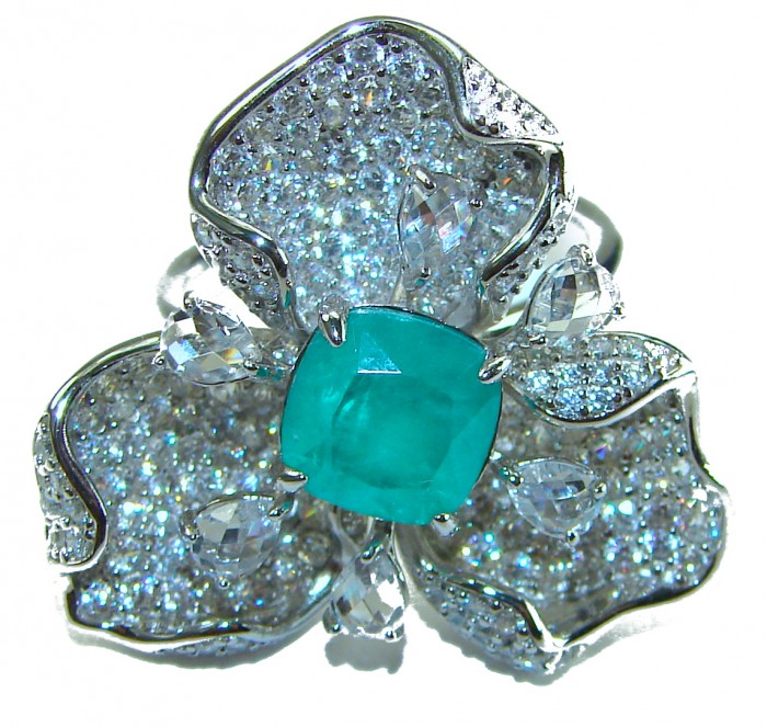 Floral design 4.2 carat Emerald .925 Sterling Silver .925 Sterling Silver Statement Ring size 7 - Floral ring with emerald detail, top view, .925 sterling silver.