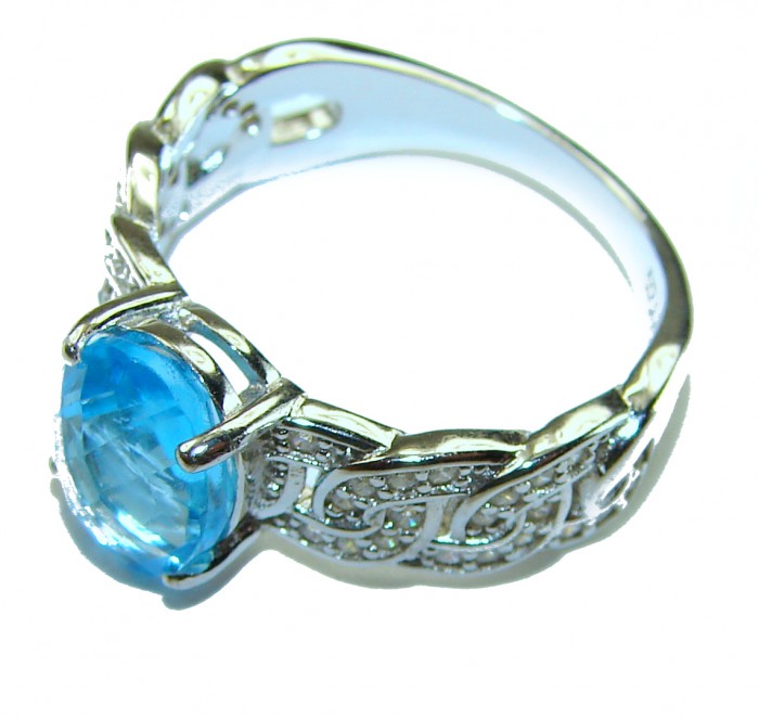 Blue Odyssey 4.5 carat authentic Swiss Blue Topaz .925 Sterling Silver handmade Statement Ring size 9 - Side view of Blue Odyssey ring with Swiss Blue Topaz and .925 silver band.