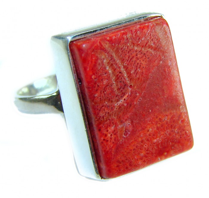 Bochic Style Natural Fossilized Coral .925 Sterling Silver handmade ring s. 7 1/4 - Rectangular coral ring in sterling silver, side angle view