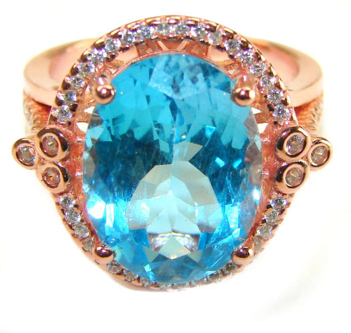 Endless Ocean Natural 14.4 carat Swiss Blue Topaz .925 Sterling Silver dipped in 18K Gold handmade Large Statement Ring size 9 - Close-up of Endless Ocean 14.4 ct Swiss Blue Topaz ring in rose gold setting.
