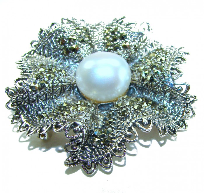 Genuine white Pearl Marcasite .925 Sterling Silver handcrafted Brooch - Close-up of white pearl and marcasite Sterling Silver brooch.