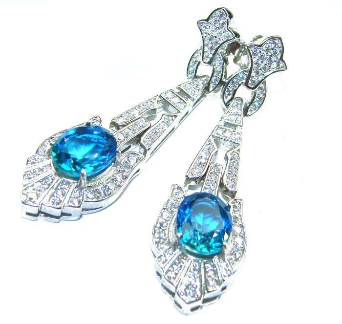 Art Deco 5.5 carat Swiss Blue Topaz .925 Sterling Silver Handcrafted Earrings - Close-up of Art Deco earrings with blue topaz and sterling silver.