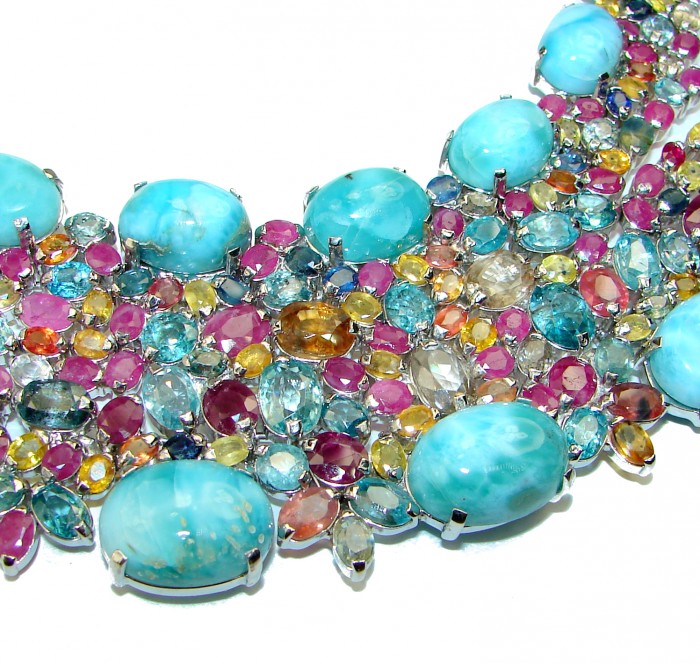 Luna 255.3 carat authentic Larimar From Dominican Republic .925 Sterling Silver handcrafted MASSIVE STATEMENT Necklace - Luna 255.3ct Larimar necklace close-up with colorful gemstones.