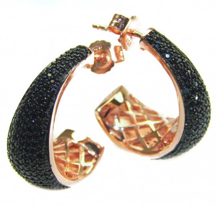 Authentic 6.2 carat Black Diamond 22K Rose Gold over .925 Sterling Silver handcrafted .925 Sterling Silver handcrafted earrings - Side view of black diamond and rose gold hoop earrings