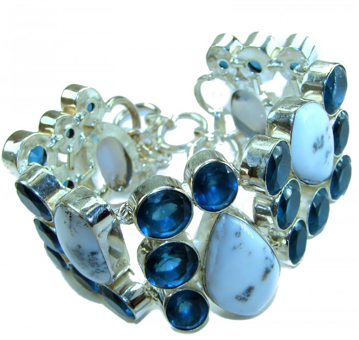 Very Unique natural White Dendritic Agate & Blue Topaz Sterling Silver Statement Bracelet - Close-up of white dendritic agate and blue topaz bracelet.