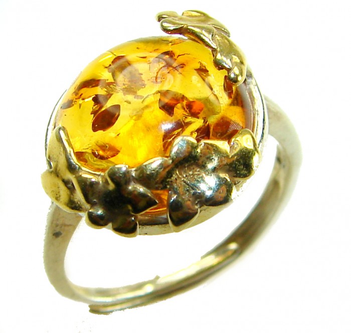 Authentic Baltic Amber .925 Sterling Silver handcrafted ring; s. 6 adjustable - Close-up of Baltic amber ring in handcrafted sterling silver setting.