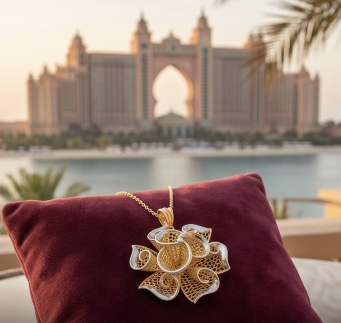 Dubai Style - Golden Rose .925 Sterling Silver dipped in 22K Gold handmade Pendant - Golden rose pendant on burgundy cushion with iconic building background