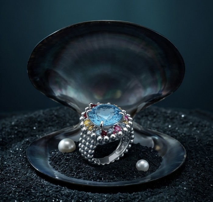 Ocean Blue Natural 22.8 carat Swiss Blue Topaz .925 Sterling Silver dipped in rhodium handmade Large Statement Ring size 8 - Ring with blue topaz and pearls in shell, front view on black sand