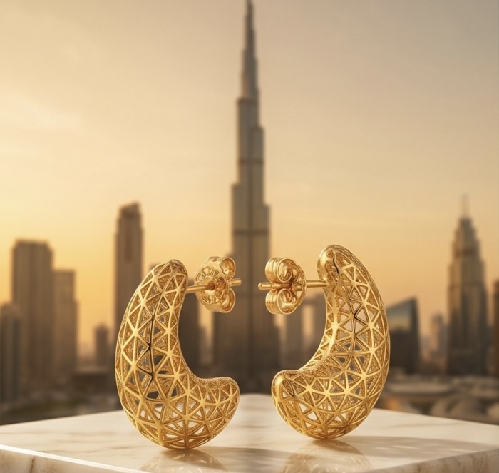 Dubai Style - .925 Sterling Silver dipped in 22K Gold handmade Earrings - Dubai skyline with front view of gold geometric crescent earrings