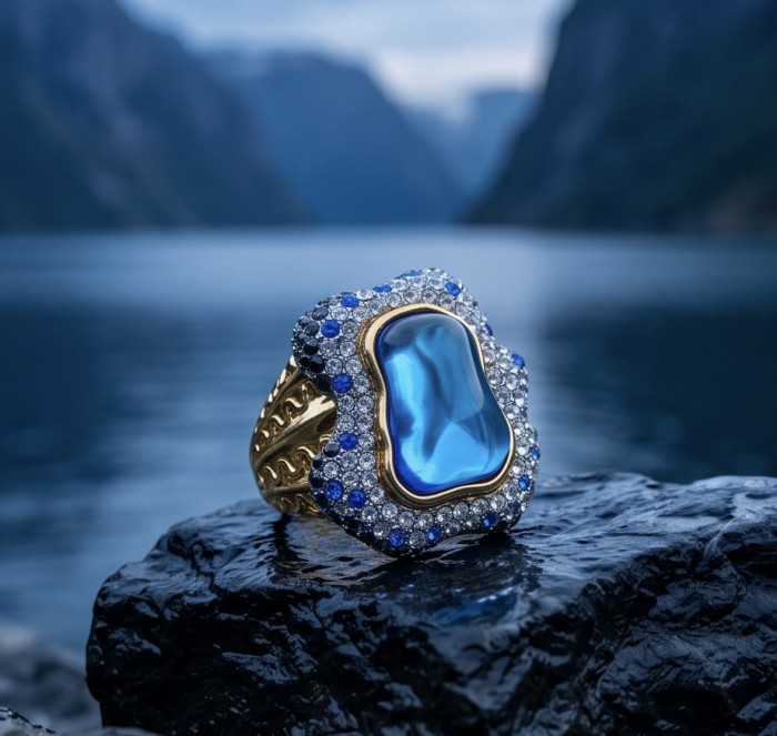 Blue Rhapsody - 18.5 carat natural Swiss Blue Topaz .925 Sterling Silver dipped in 22K Gold handcrafted Large Statement Ring size 7 1/2 - Blue gemstone ring on rock by water, close-up shot