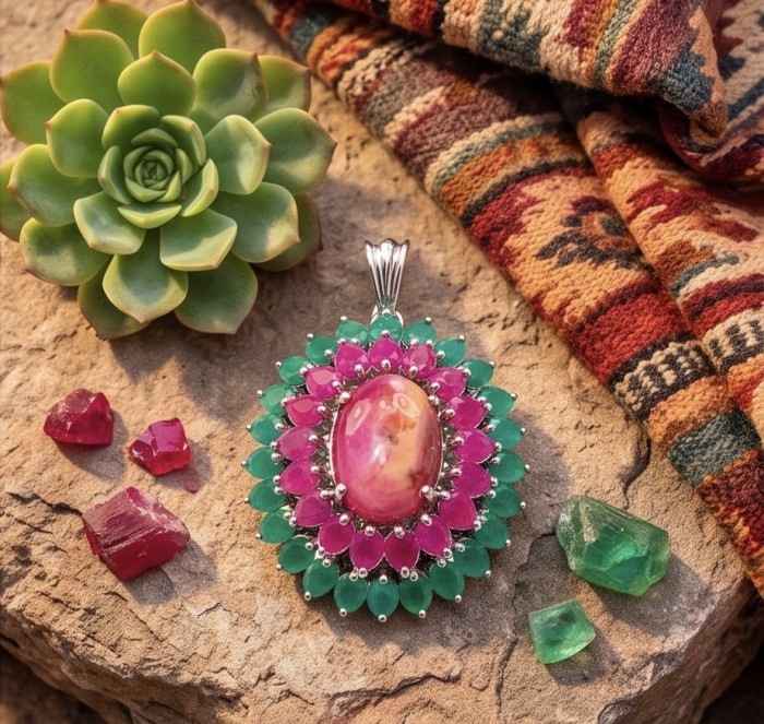 Carmen - authentic 22.5 carat Star Ruby rhodium over .925 Sterling Silver handcrafted Pendant - Pendant on rock with gemstones and colorful fabric background